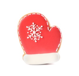 Photo of Mitten shaped Christmas cookie isolated on white