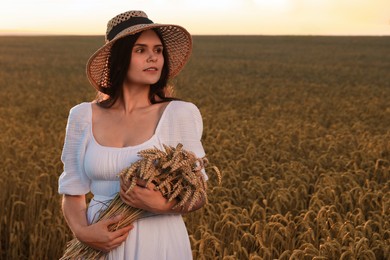 Photo of Beautiful young woman with bunch of wheat ears in field, space for text
