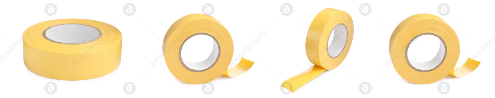 Image of Collage with yellow insulating tape on white background, different sides