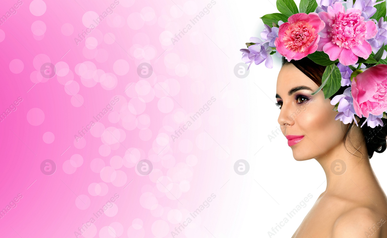 Image of Young woman with beautiful makeup wearing flower wreath on pink background, space for text. Banner design