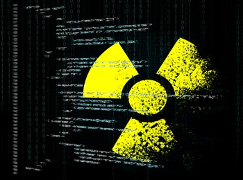 Nuclear deterrence. Warning radiation symbol, source and binary codes on black background