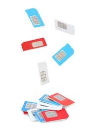 Many different SIM cards falling on white background 