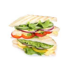 Photo of Two tasty vegetarian sandwiches isolated on white