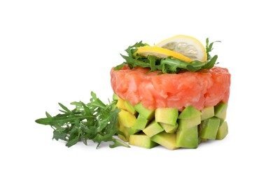 Photo of Tasty salmon tartare with avocado, lemon and arugula isolated on white