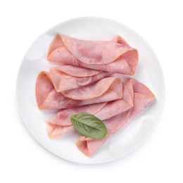 Slices of tasty ham and basil isolated on white, top view