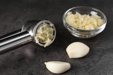 Garlic press, cloves and mince on grey table, closeup