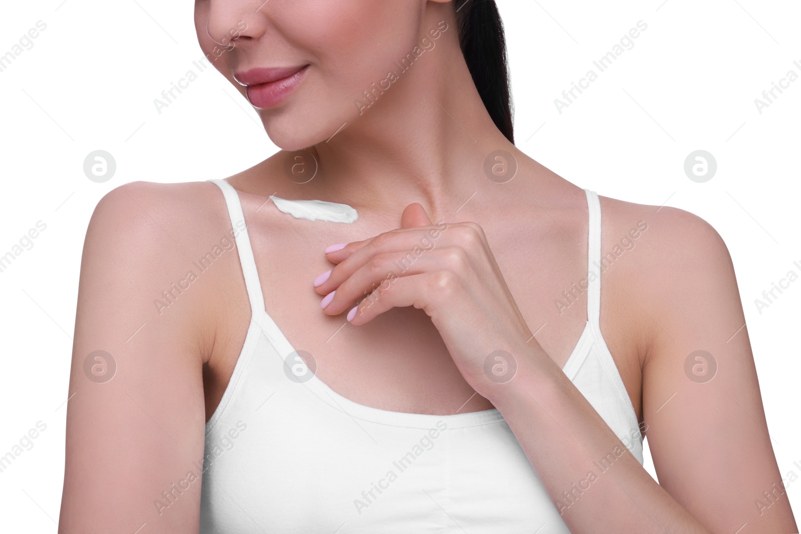 Photo of Woman with smear of body cream on her collarbone against white background, closeup