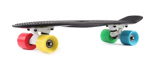 Photo of Black skateboard with colorful wheels isolated on white. Sports equipment