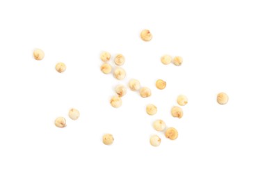 Photo of Raw quinoa on white background, top view