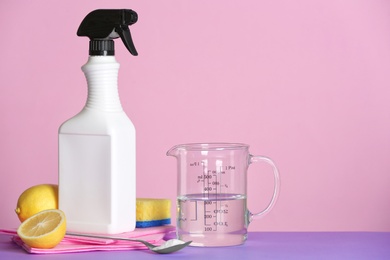 Composition with vinegar and cleaning supplies on table. Space for text