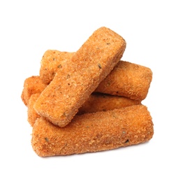 Pile of tasty cheese sticks isolated on white