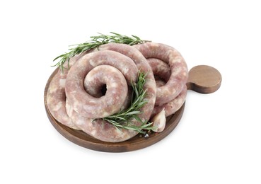 Board with homemade sausages and rosemary isolated on white