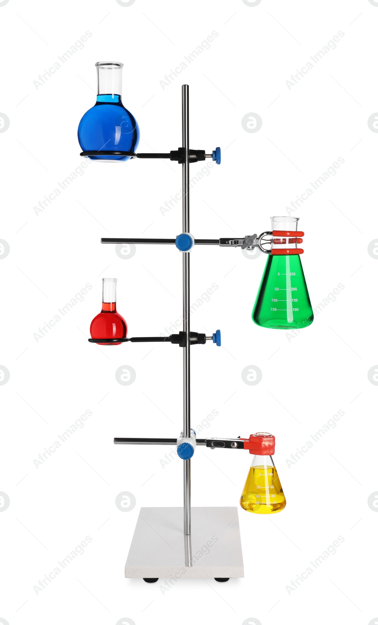 Photo of Retort stand with flask of colorful liquids isolated on white