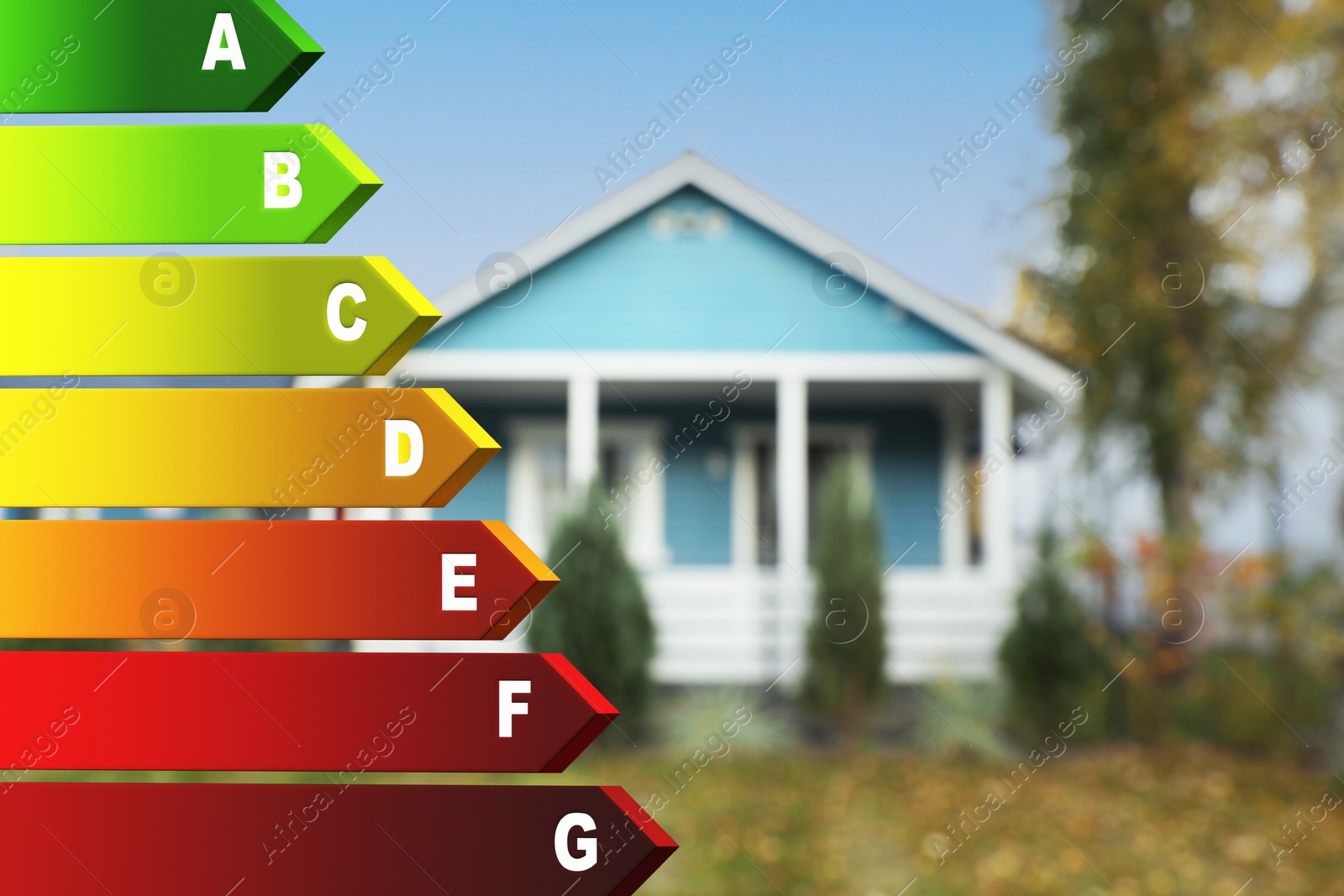 Image of Energy efficiency rating and blurred view of house outdoors