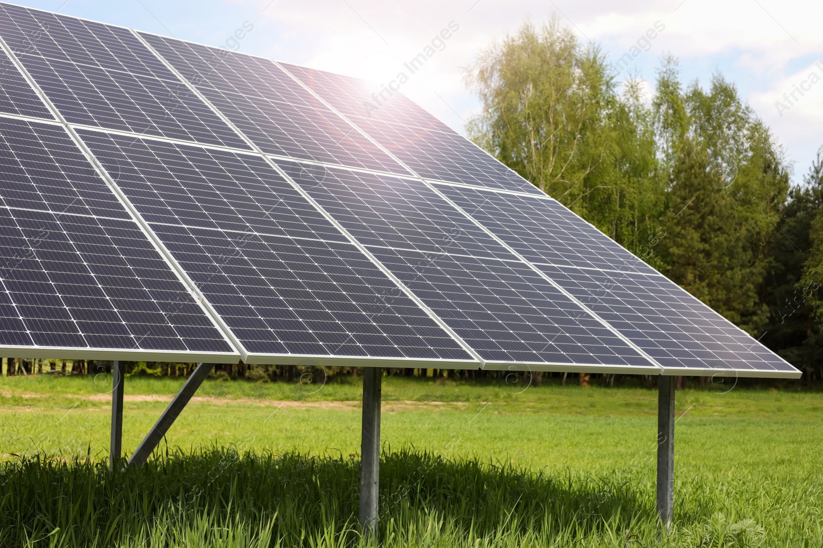 Photo of Solar panels in field on sunny day. Alternative energy