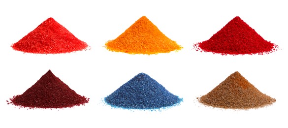 Collage of different powdered food coloring isolated on white