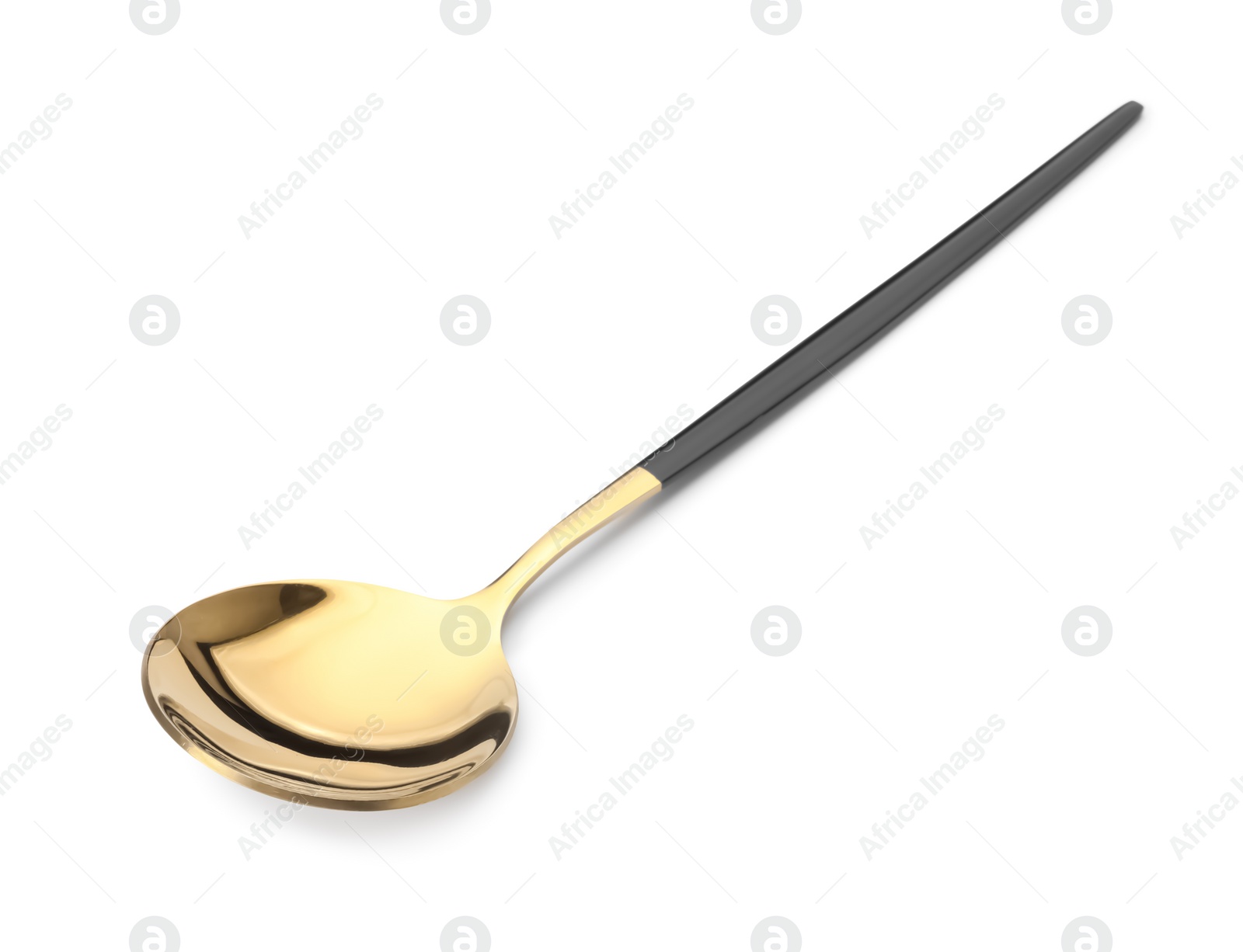 Photo of One shiny golden spoon with black handle isolated on white