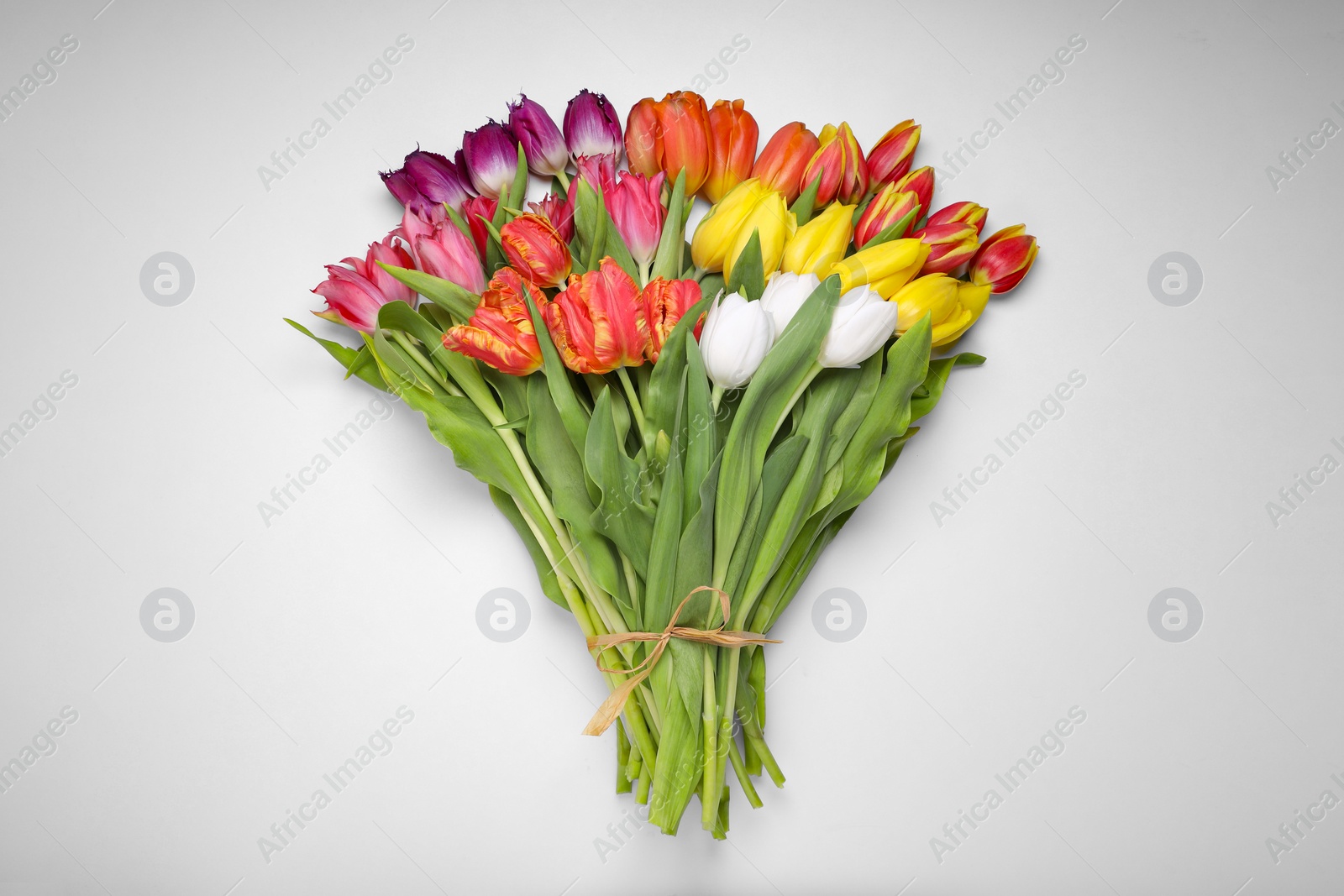 Photo of Bouquet of beautiful colorful tulip flowers on white background, top view
