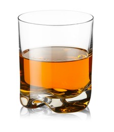 Photo of Whiskey in glass isolated on white. Alcoholic drink