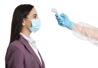Photo of Doctor measuring woman's temperature on white background, closeup. Prevent spreading of Covid-19