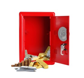 Image of Open red steel safe with money and gold bars on white background