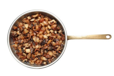 Photo of Tasty cracklings in frying pan isolated on white, top view. Cooked pork lard