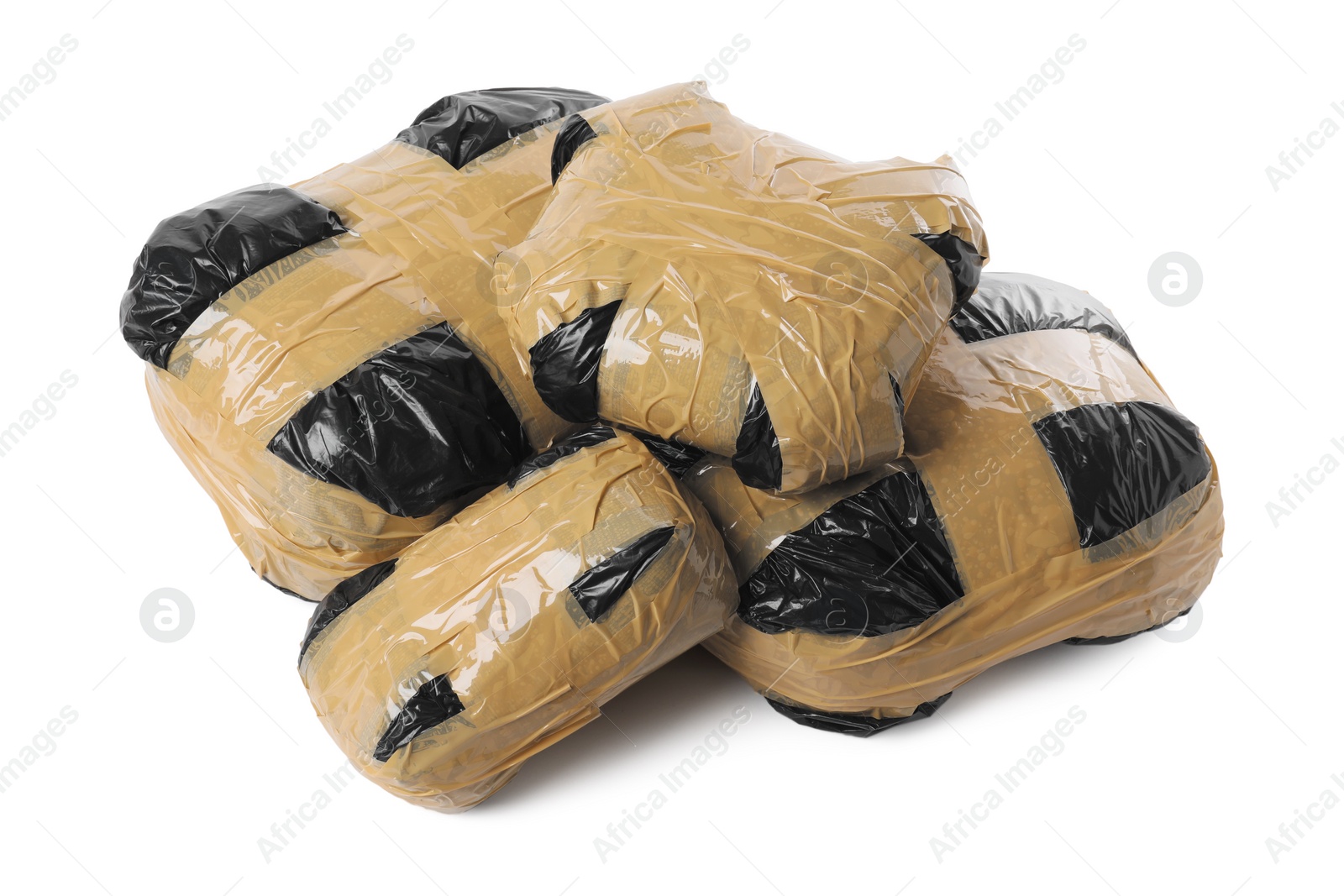 Photo of Packages with narcotics isolated on white. Drug addiction