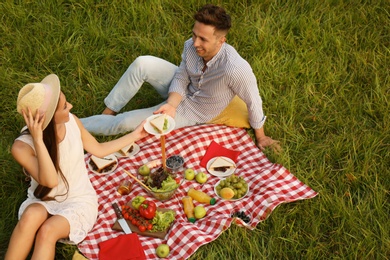 Photo of Happy couple having picnic in park on sunny day, above view