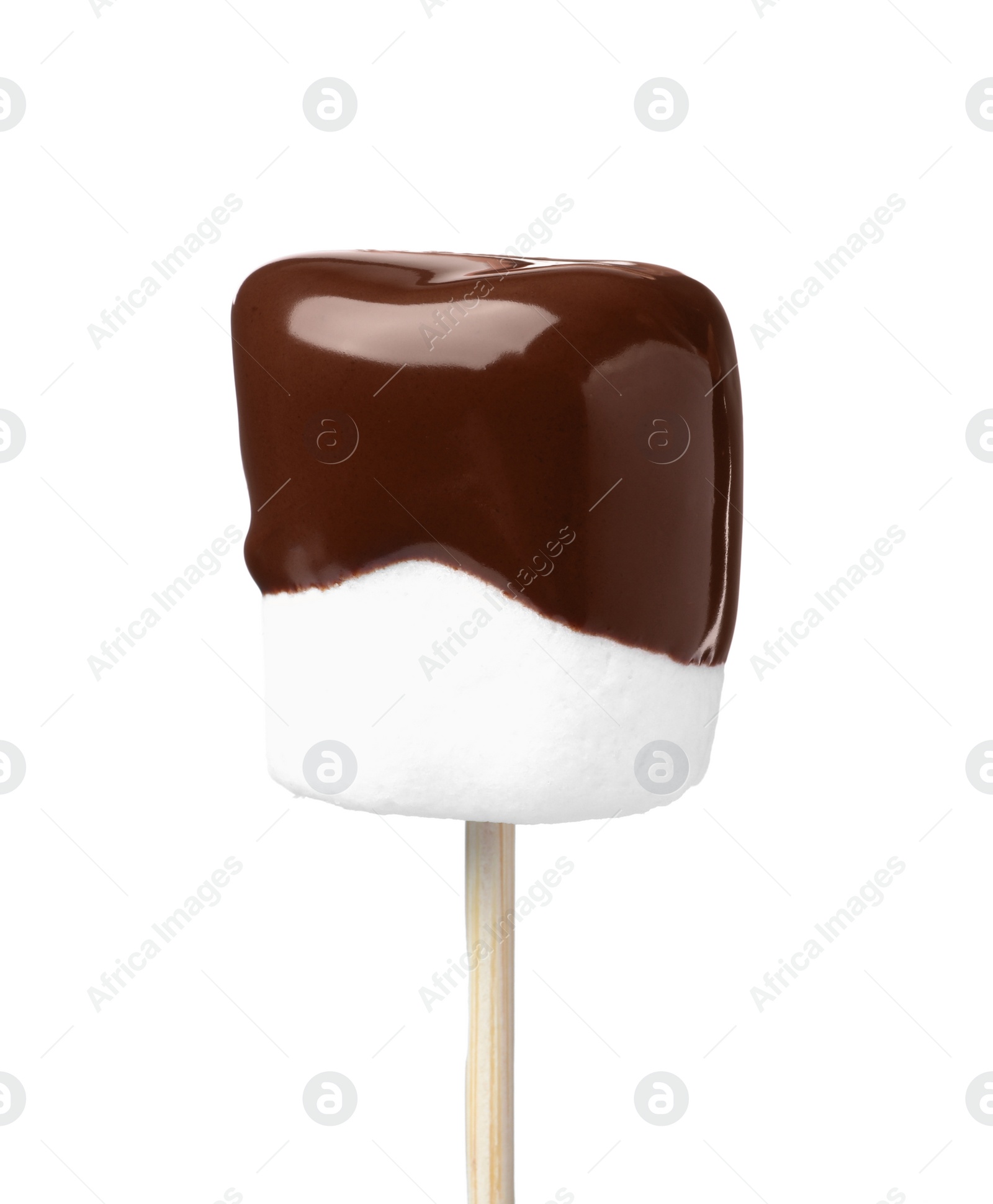 Photo of Tasty marshmallow dipped into chocolate isolated on white