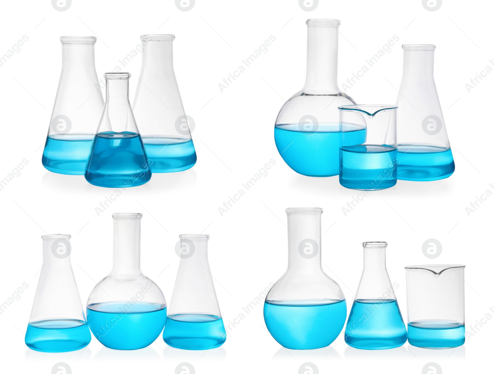 Image of Different laboratory glassware with light blue samples on white background, collage