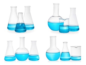 Image of Different laboratory glassware with light blue samples on white background, collage