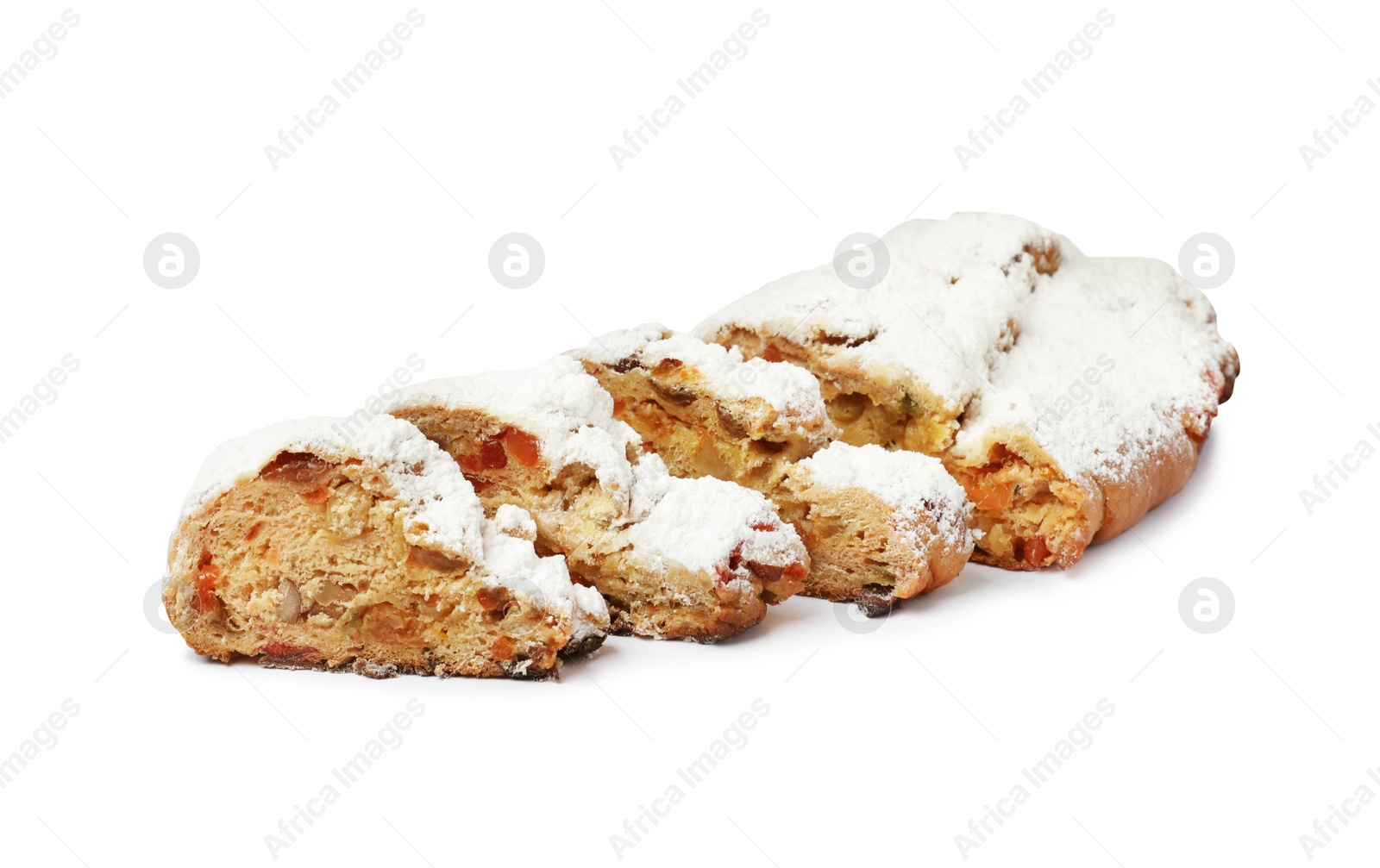 Photo of Cut delicious Stollen sprinkled with powdered sugar isolated on white