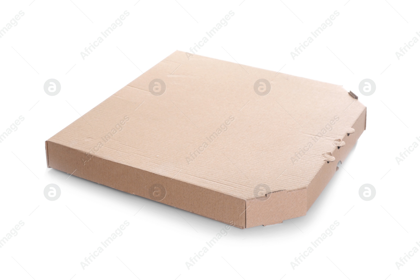 Photo of Cardboard pizza box on white background. Mockup for design