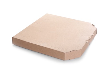 Cardboard pizza box on white background. Mockup for design