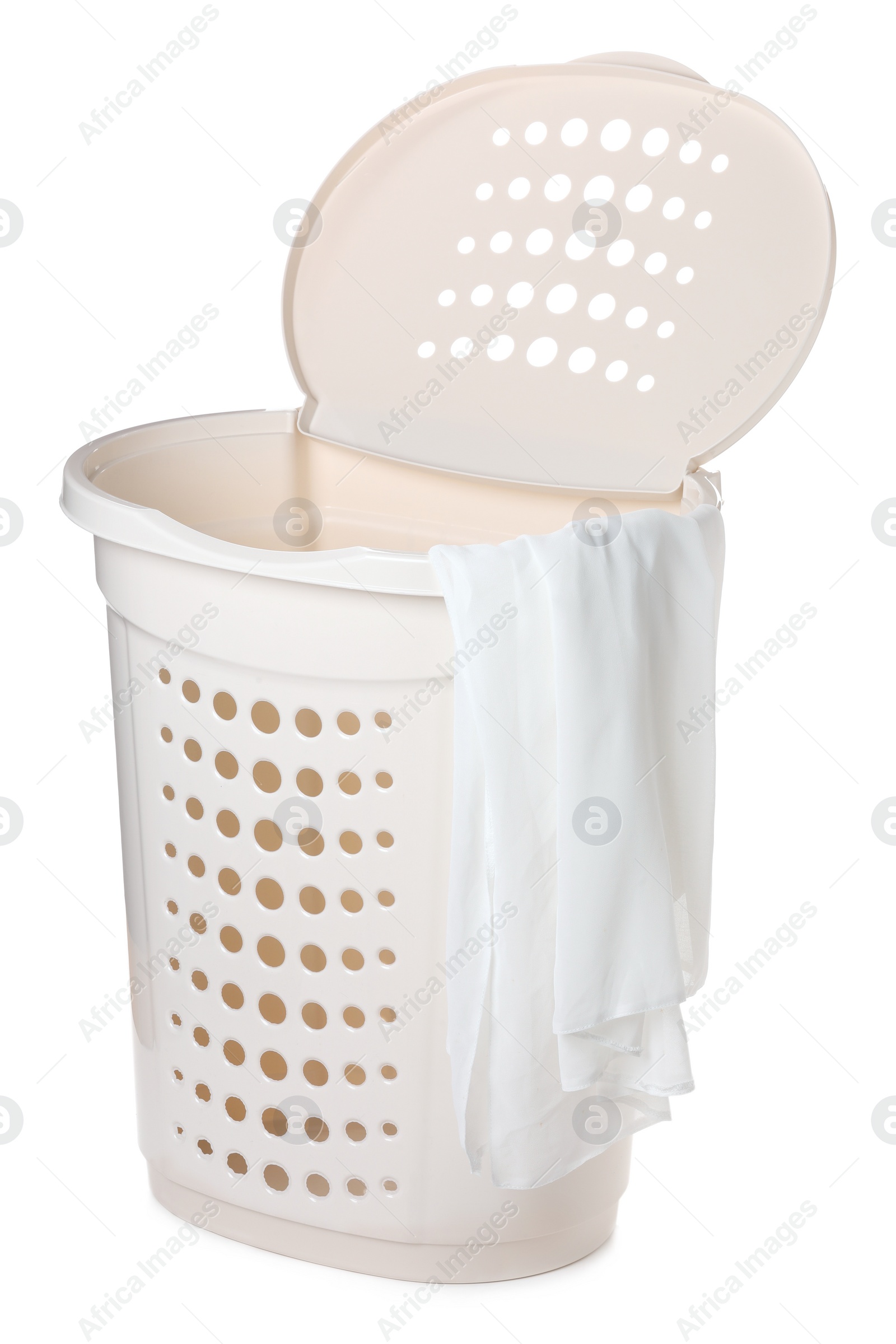 Photo of Plastic laundry basket with garment isolated on white