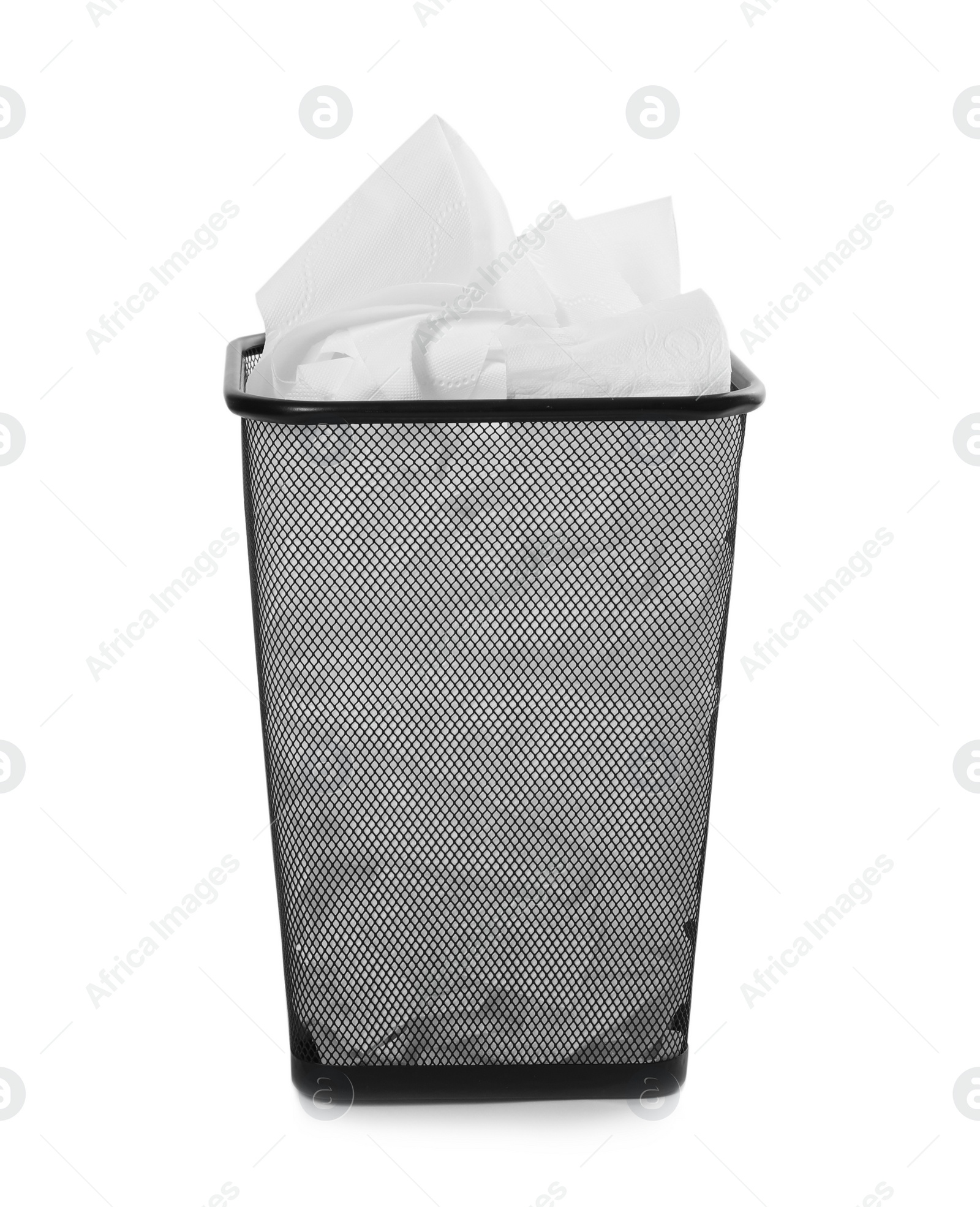 Photo of Trash bin with used toilet paper on white background