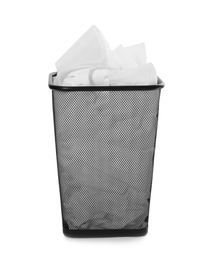 Photo of Trash bin with used toilet paper on white background