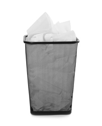 Trash bin with used toilet paper on white background