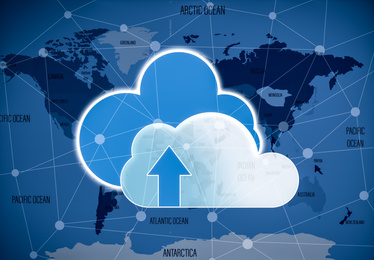 Illustration of Cloud image and world map on background. Modern technology