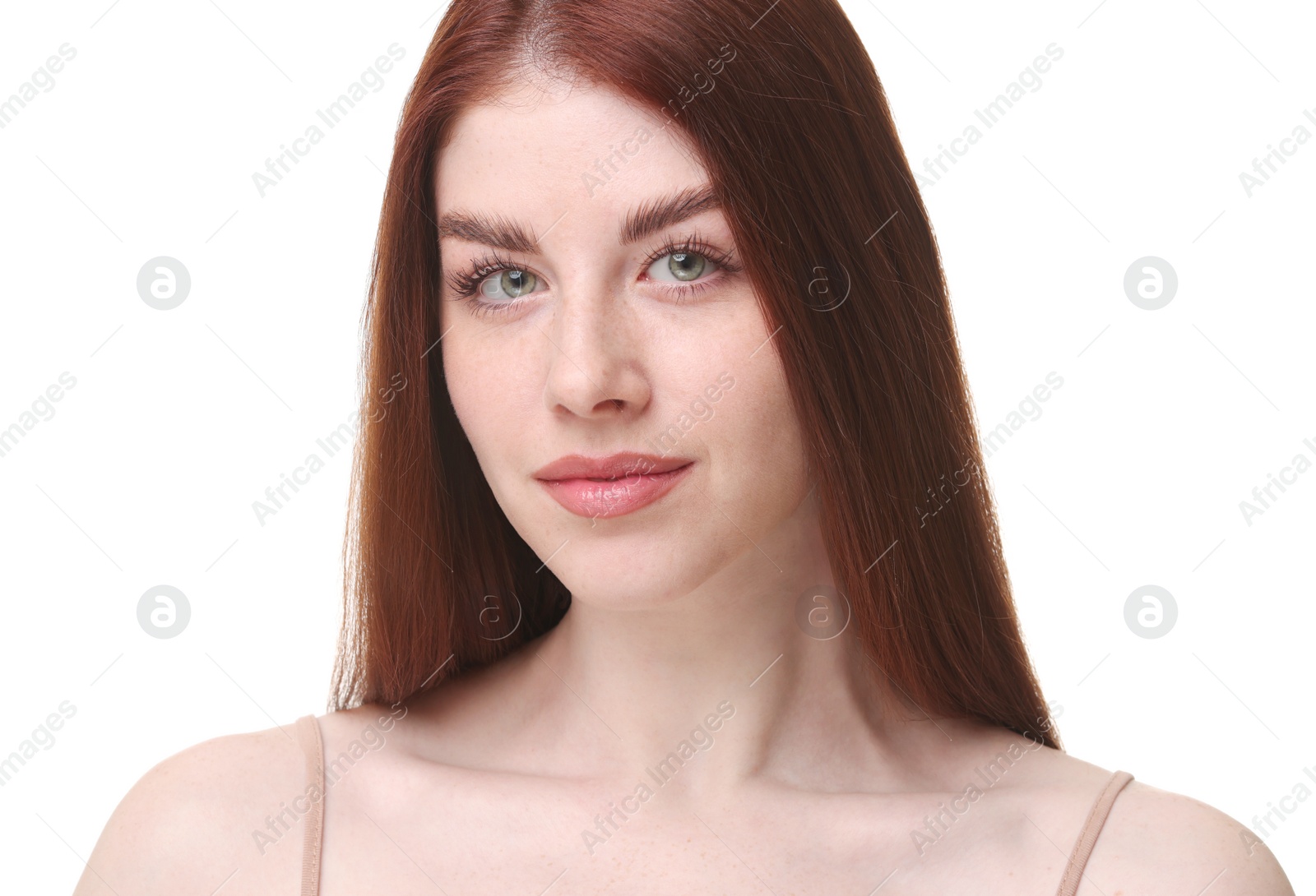 Photo of Portrait of beautiful woman on white background