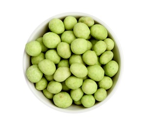 Photo of Tasty wasabi coated peanuts in bowl on white background, top view