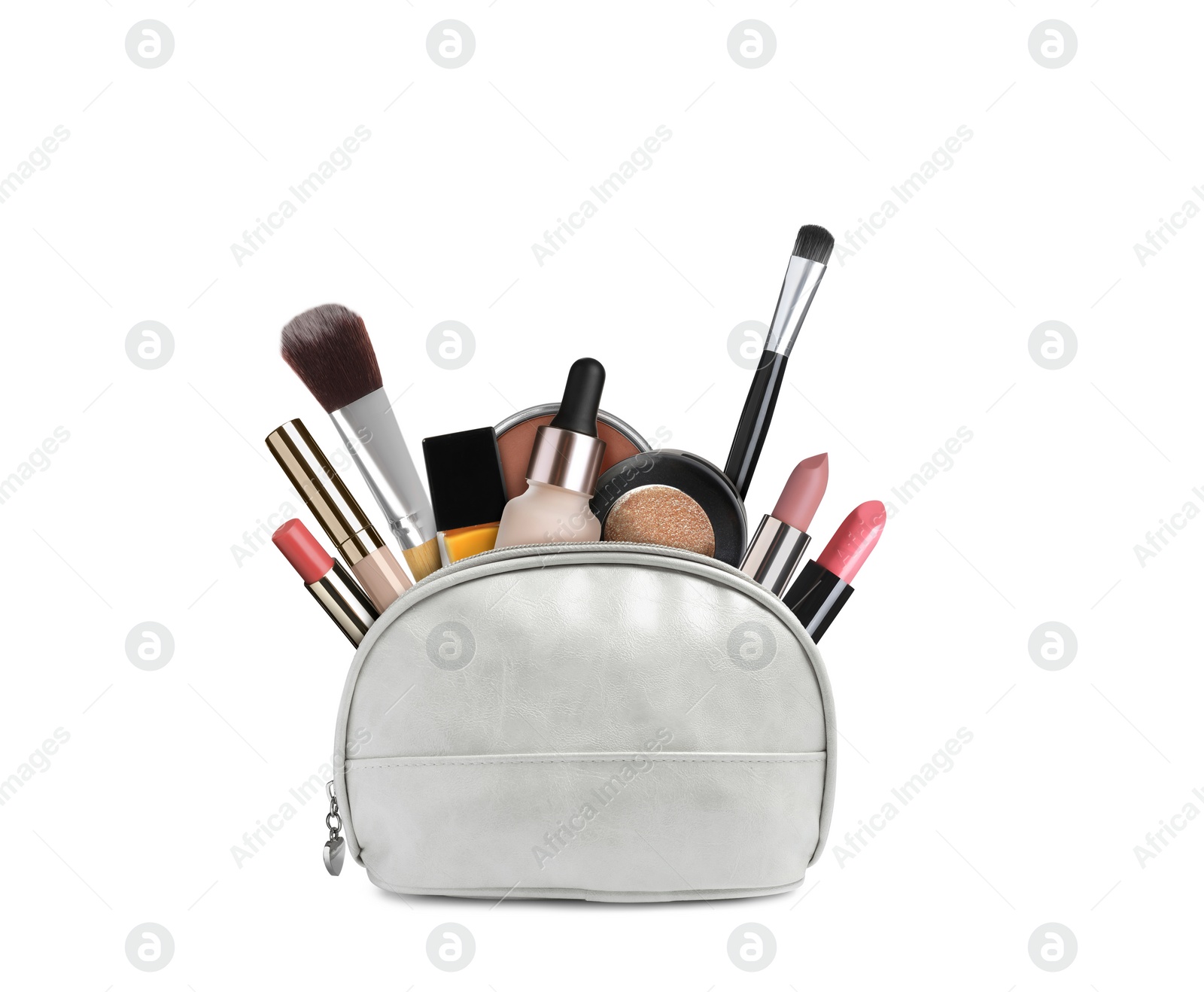 Image of Cosmetic bag filled with makeup products on white background