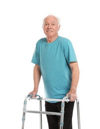 Photo of Portrait of elderly man using walking frame isolated on white