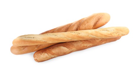 Tasty baguettes on white background, top view. Fresh bread