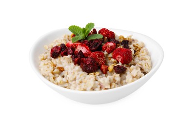 Photo of Oatmeal with freeze dried strawberries and mint isolated on white