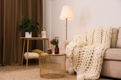 Photo of Soft knitted blanket on couch in living room. Interior element