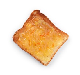 Photo of Delicious toast with orange marmalade isolated on white, top view