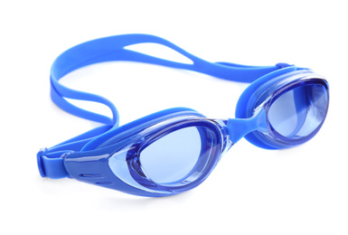 Photo of Blue swim goggles isolated on white. Beach object