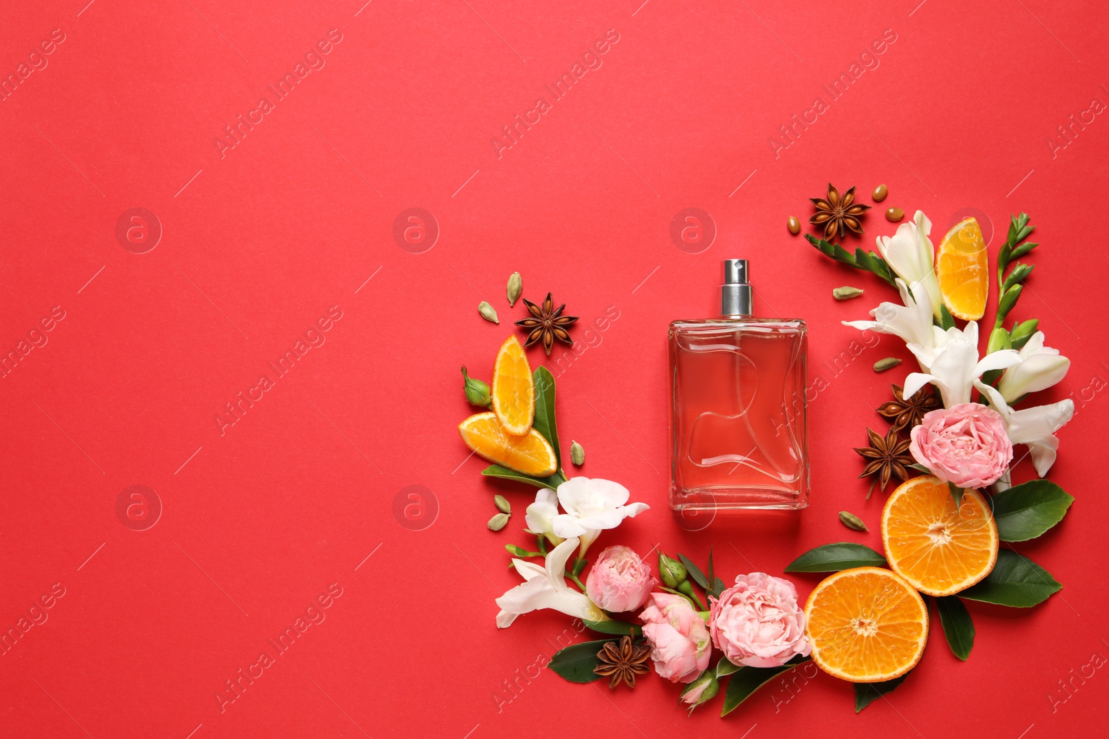 Photo of Flat lay composition with bottle of perfume and fresh citrus fruits on red background. Space for text