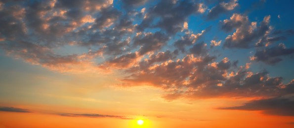 Image of Beautiful panorama of sky with clouds at sunset. Banner design